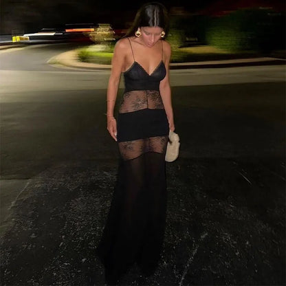 Elegant Lace Spliced Halter Long Dress Women Sexy Backless See Through Female Party Dresses 2025 Summer Lady Chic Evening Gowns