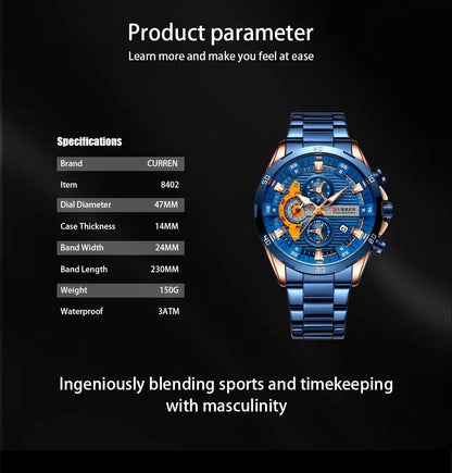 CURREN 8402 Creative Fashion Mens Business Casual Wristwatches Stainless Steel Luminous Dial Chronograph Clock