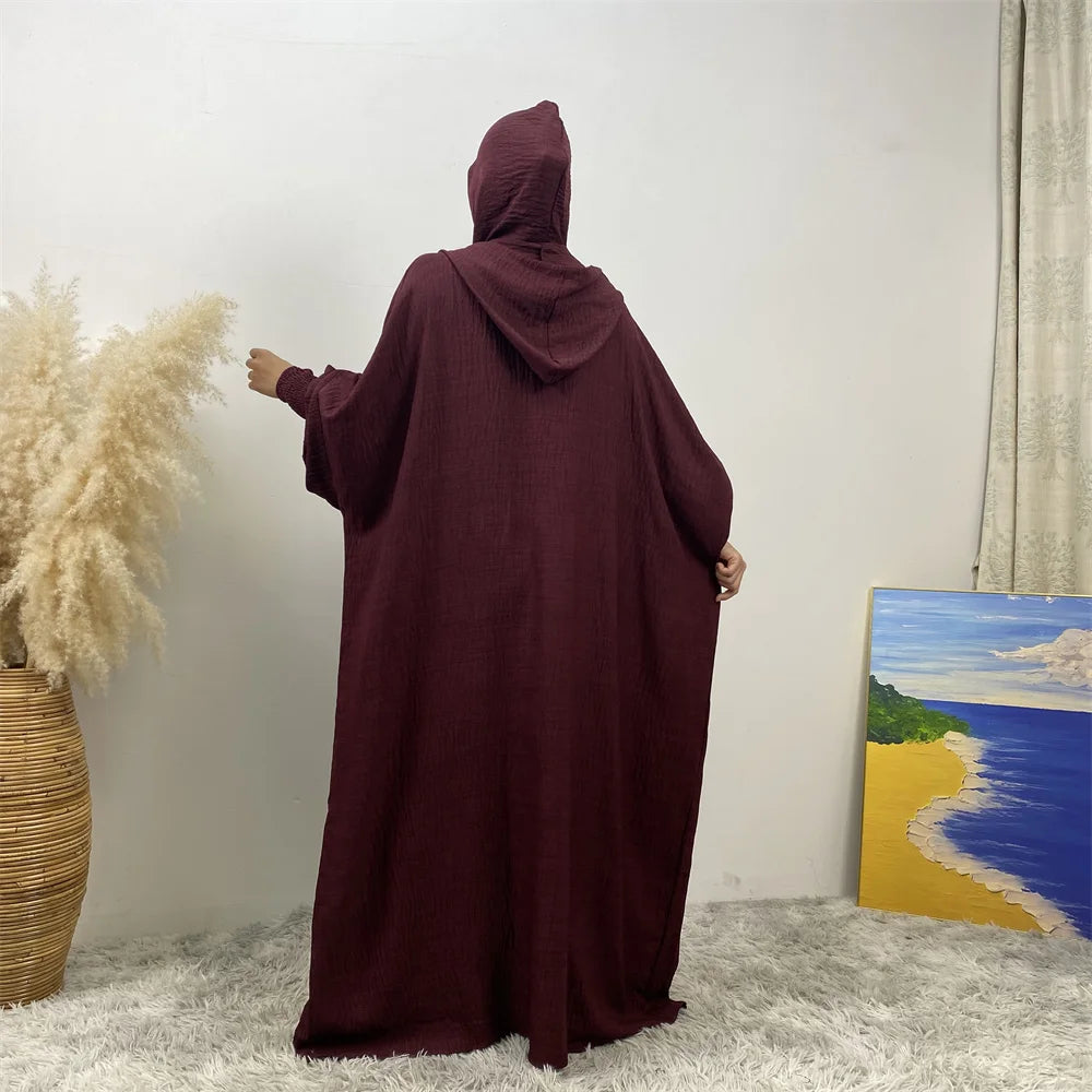 Hot Seller Ramadan Islamic Clothing Wrinkle Polyester Hoodie Abaya Dress With Undercap Muslim Women Abaya Hoodie Causal Dresses
