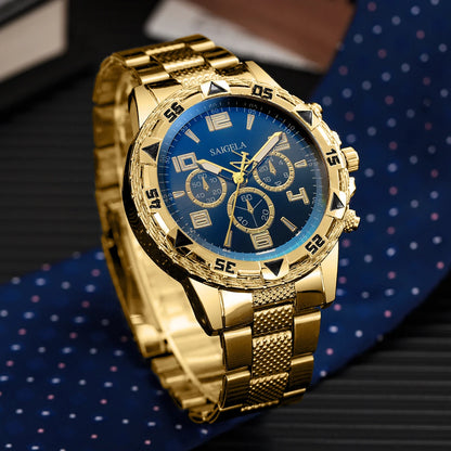 3PCS/Set Luxury Stainless Steel Band Men Business Watches Fashion Male's Quartz Watch Hip-hop Diamond Jewelry Set (Without Box）