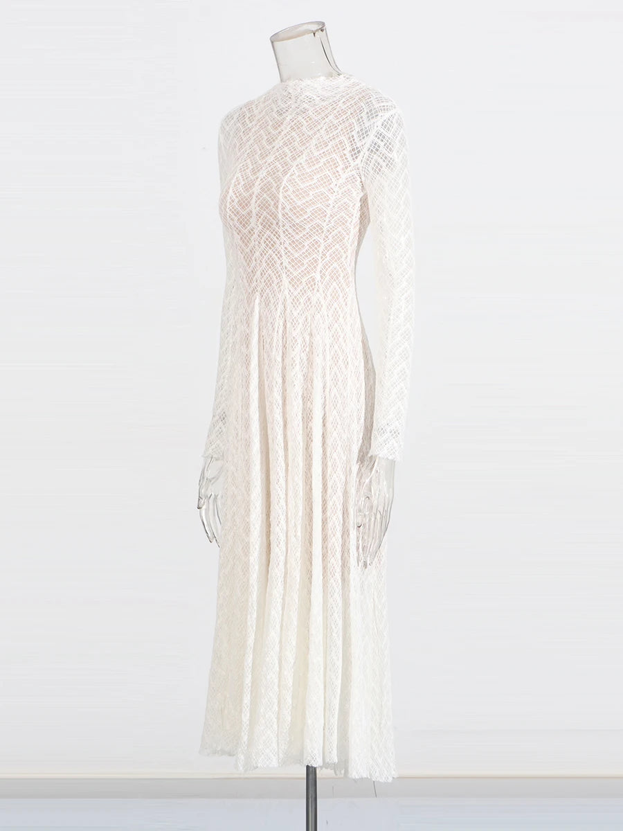 TWOTWINSTYLE Hollow Out Mesh Long Dress for Women Stand Collar Slimming Long Sleeve High Waist Chic Pleated Dresses Female New