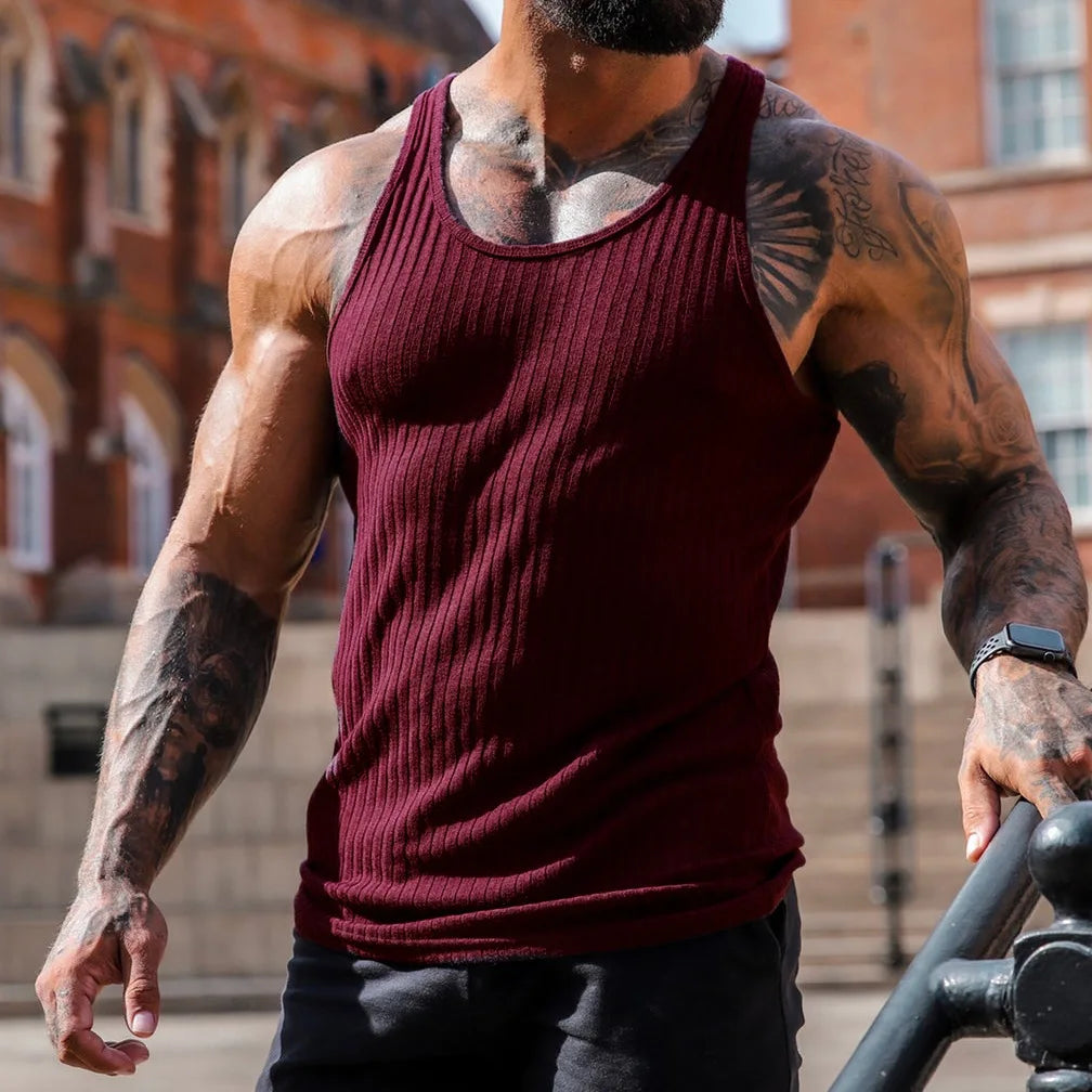 Fitness Sports Vest Large Size Men's Sleeveless Summer Knitted Vertical StripeLeisure Slim Men's Vest Men's L-Line Vest Men's