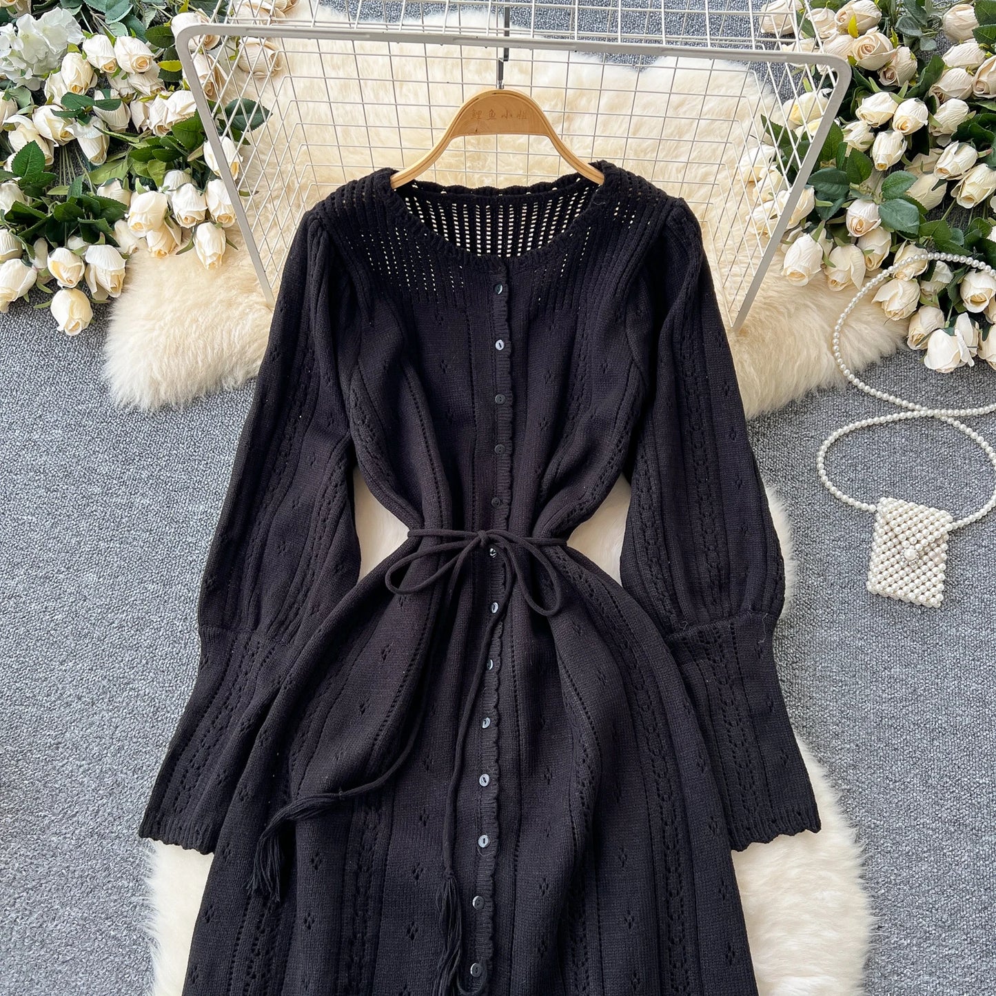 Women's Solid Single Breasted Hollow Out Knit Lace-up Dress Autumn Fashion Round Neck Elegant Festival Sweater Long Dresses 2024