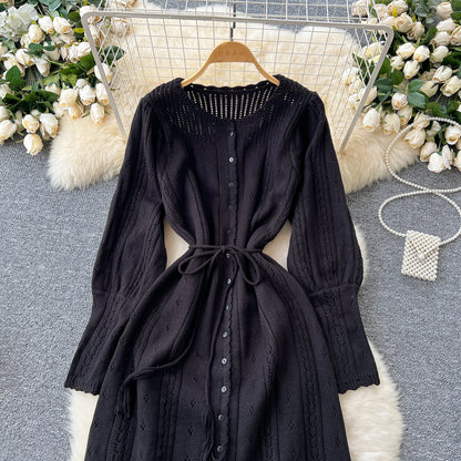 Women's Solid Single Breasted Hollow Out Knit Lace-up Dress Autumn Fashion Round Neck Elegant Festival Sweater Long Dresses 2024
