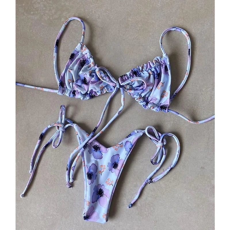 BIQIUYYI Brazilian Sexy Micro Mini Thong Bikini Set Summer Bandage Swimsuit Women Pleated Bathing Suit Beachwear Halter Biqiuni