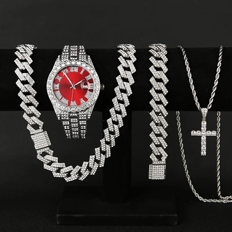 3/4PCS Hip Hop Iced Out Men's Watch Jewelry Set Luxury Rhinestone Quartz Wristwatch Cuban Link Chain Accessories（Without Box）