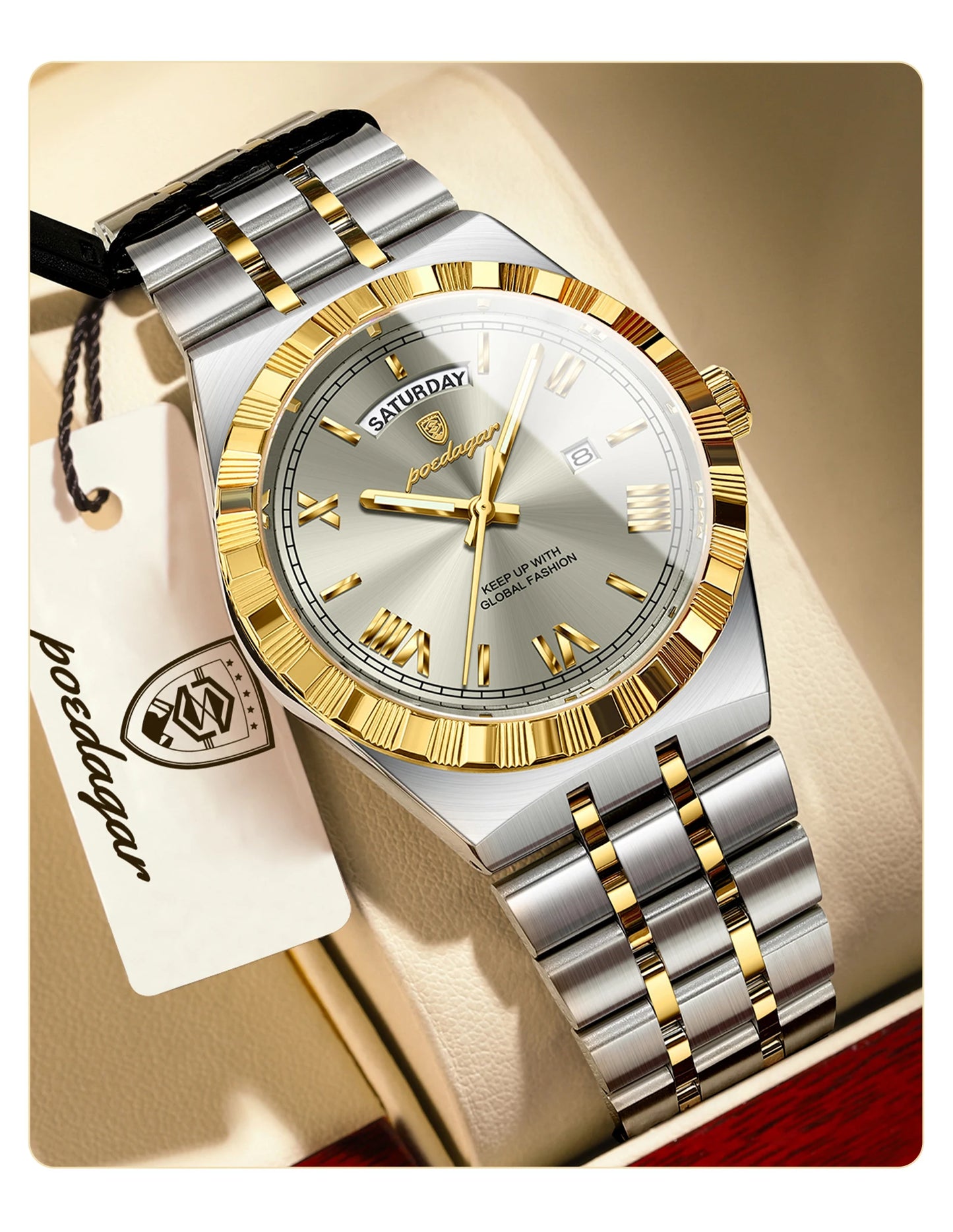 POEDAGAR Fashion Business Men's Watch Luminous Waterproof Week Date Luxury Man Wristwatch Stainless Steel Quartz Watches For Men