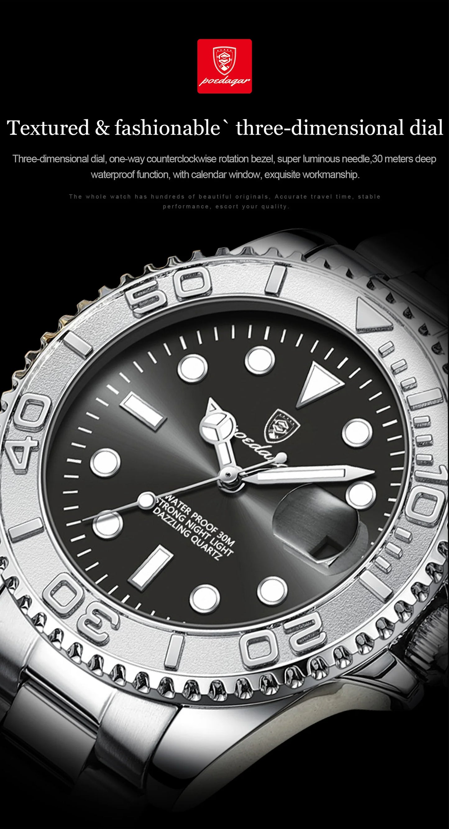 POEDAGAR Top Luxury Male Watch Waterproof Luminous Date Men Watch Stainless Steel Male Clock Sport Fashion Men's Quartz Watches