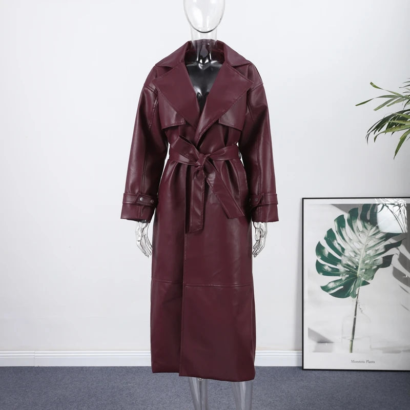 Street Pu Leather Women Long Coat Y2K Solid Belt Lapel Pocket Full Sleeve Female Jacket 2025 Autumn Winter Lady Outwear New