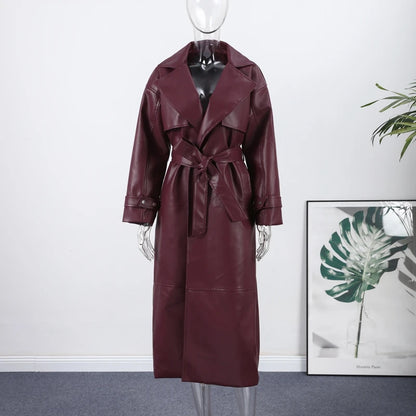 Street Pu Leather Women Long Coat Y2K Solid Belt Lapel Pocket Full Sleeve Female Jacket 2025 Autumn Winter Lady Outwear New