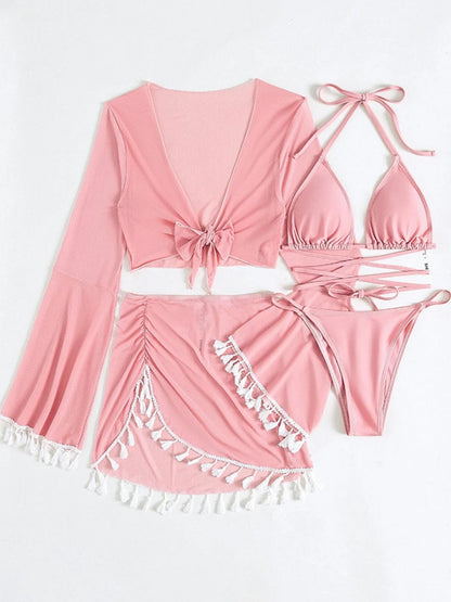 Sexy 4 Pieces Halter Bikinis Women Solid Swimwear Female Cover Up Swimsuit Long Sleeve And Skirt Bathing Suit Beachwear Summer
