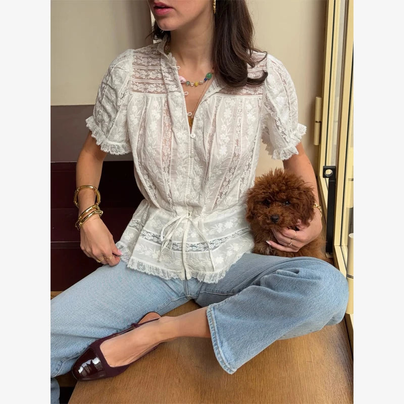 Solid Lapel Lace Patchwork Half Sleeve Shorts Set Women Chic Single Breasted Tops Pockets Pants Suits 2026 Daily Street Outfits
