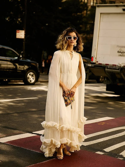 Elegant Ruffle V-neck Maxi Dress Women Chic Lapel Pleated Sleeveless High Waist Dresses Fashion 2025 Summer Lady Vacation Robes