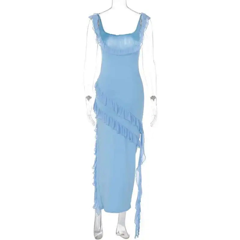 Giyu Sexy Ruffles Summer Dress 2025 Women Clothing Elegant Holiday Club Evening Party Dresses Slash Neck Split Bodycon Long Robe