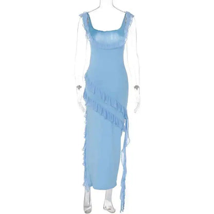 Giyu Sexy Ruffles Summer Dress 2025 Women Clothing Elegant Holiday Club Evening Party Dresses Slash Neck Split Bodycon Long Robe