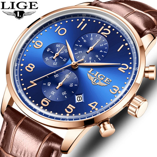LIGE Casual Sports Watches For Men Fashion Business Leather Waterproof Quartz Men Watch Top Brand Luxury Military Chronograph