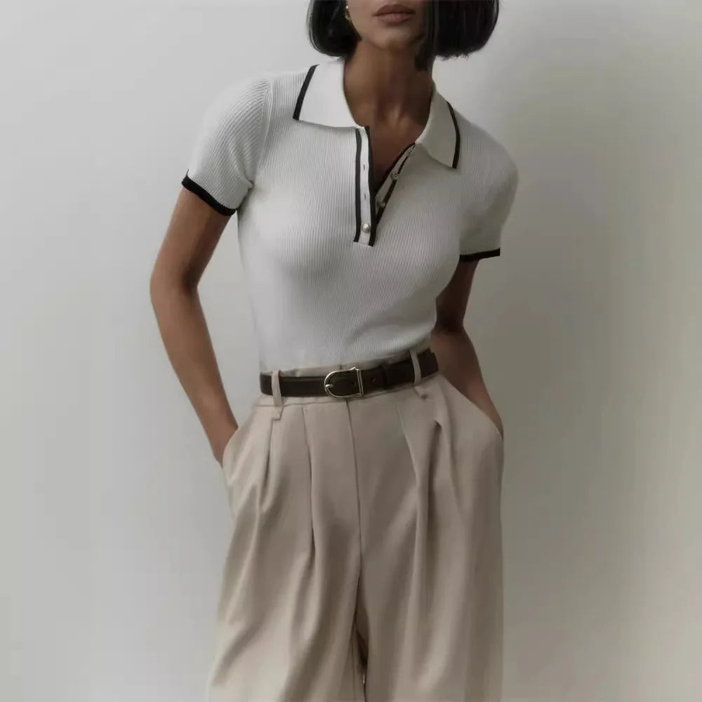 Tossy Knit Sweater Pullover Women Short Sleeve Patchwork Slim Lapel Elegant Contrast Knitwear Top Female Skinny Ribbed Pullover