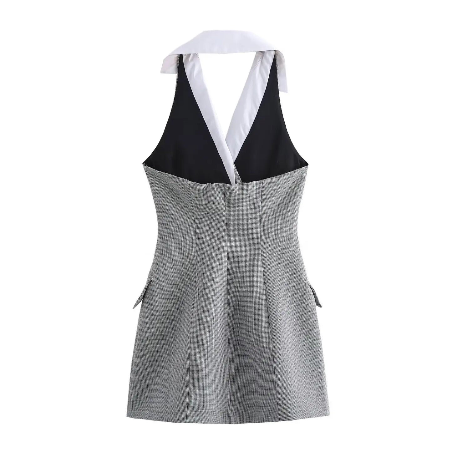 HH Female Sexy Mini Dress Grey Turn-Down Collar Sleeveless Backless Double Breasted Summer A-Line Dresses Woman New Trendy