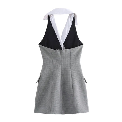 HH Female Sexy Mini Dress Grey Turn-Down Collar Sleeveless Backless Double Breasted Summer A-Line Dresses Woman New Trendy