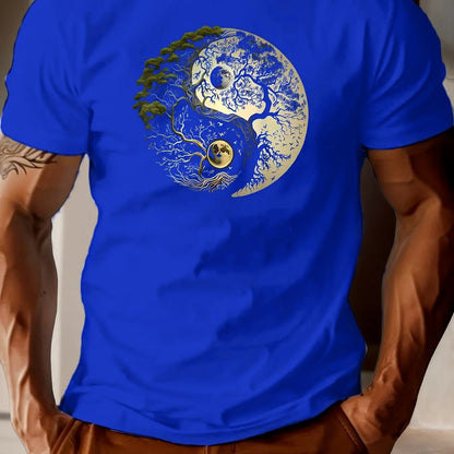 Men's summer 100% pure cotton fashionable casual loose sports yin-yang tree pattern print round neck short sleeved T-shirt top