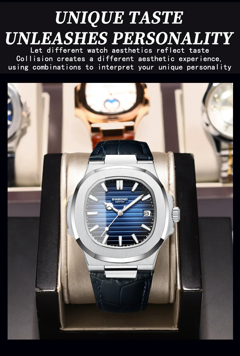 BINBOND precise quartz wristwatches for men luxury luminous waterproof auto date leather strap durabble men's watch casual reloj