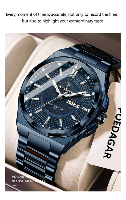 POEDAGAR Top Business Men's Watches Stainless Steel Waterproof Luminous Man Watch Date Week Quartz Casual Fashion Men Wristwatch