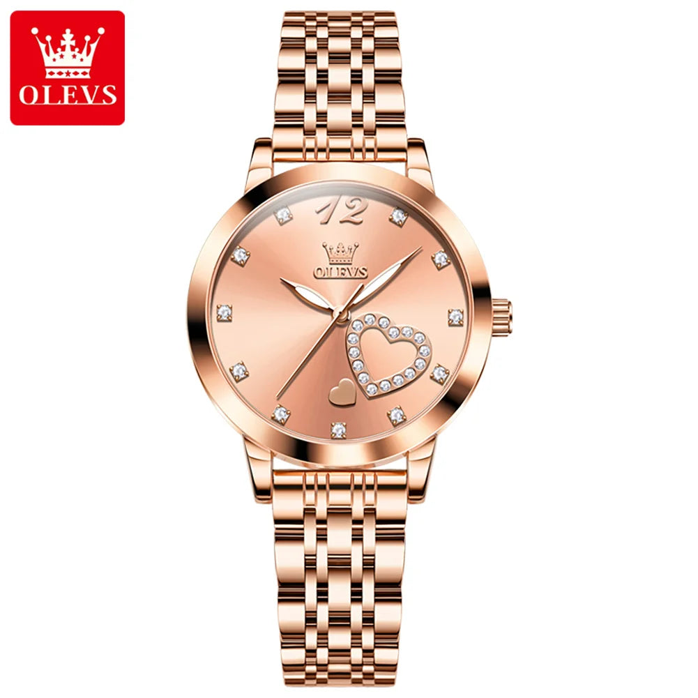 OLEVS 5189 Quartz Watch for Women Diamond Love Heart Design Fashion Elegant Rose Gold Mesh Steel Strap Waterproof Ladies Watches