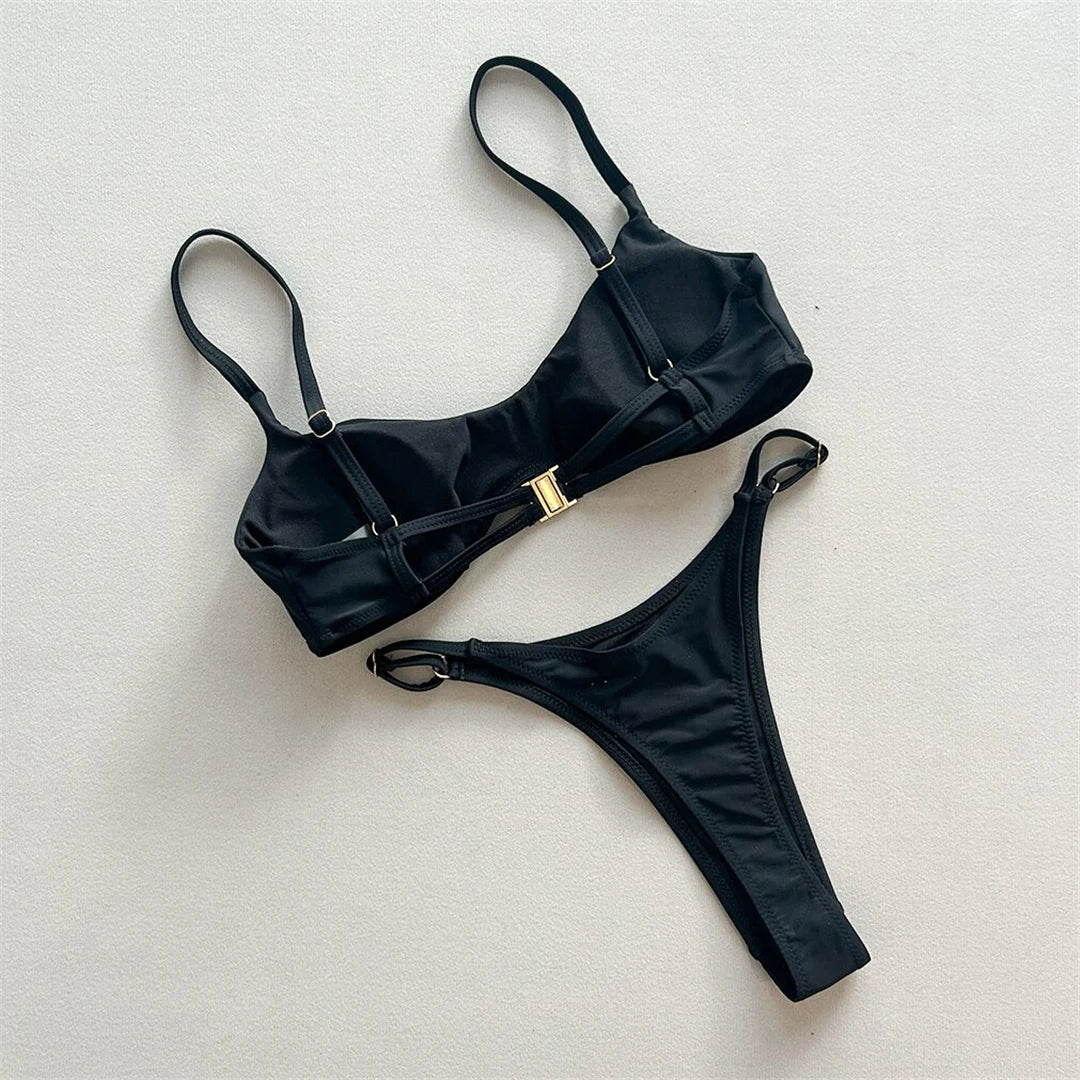 Metal Ring Mini Micro Thong Bikini Women Swimwear Female Swimsuit Two-pieces Bikini set Padded Bather Bathing Suit Swim V7513