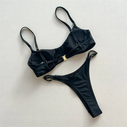 Metal Ring Mini Micro Thong Bikini Women Swimwear Female Swimsuit Two-pieces Bikini set Padded Bather Bathing Suit Swim V7513