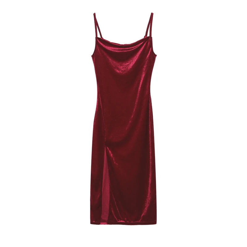 Velvet Swing Collar Sleeveless Slip Sexy Slit Maxi Dress 2024 New Fashion Evening Party Women Elegant Streetwear Y2K