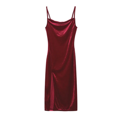 Velvet Swing Collar Sleeveless Slip Sexy Slit Maxi Dress 2024 New Fashion Evening Party Women Elegant Streetwear Y2K