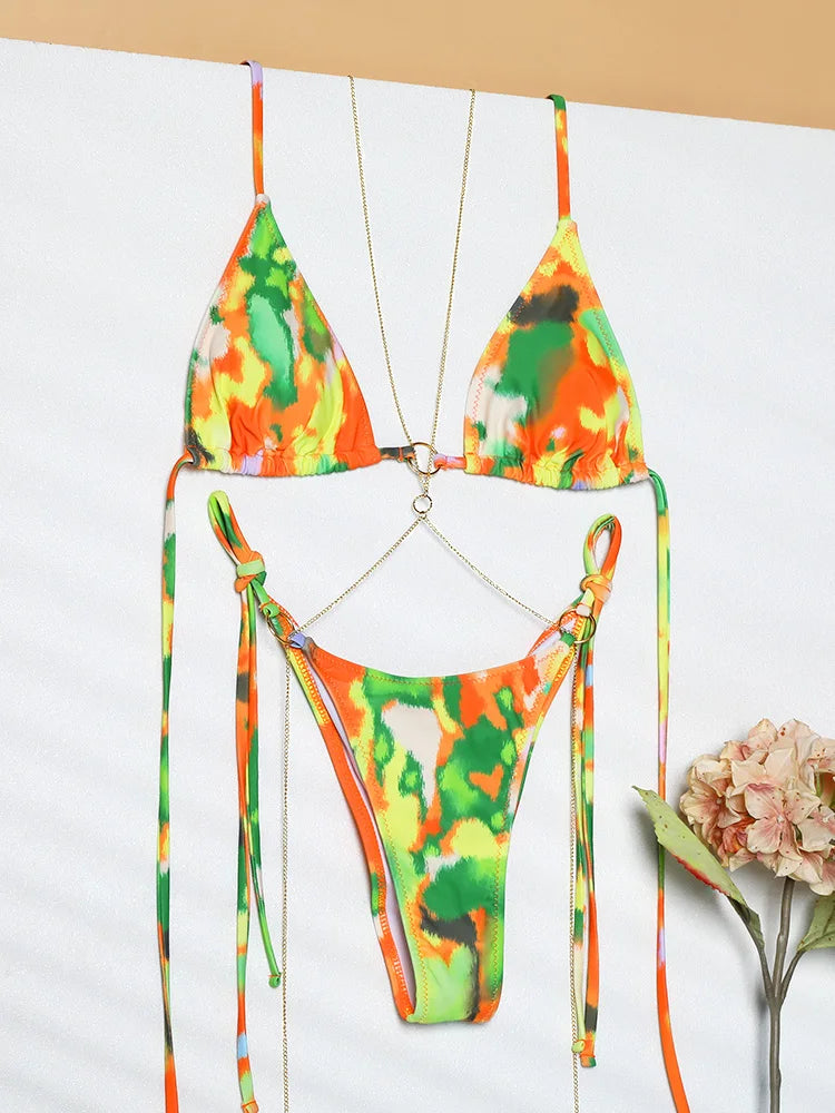 ZRTAK Micro Thongs Swimsuit Women Sexy Bikinis Bathing Suit Rings Biquini Bandage Beachwear Print Swimwear Sexy Bikini Sets