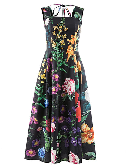 TWOTWINSTYLE Summer Loose Dress For Women Square Collar Sleeveless High Waist Print Colorblock Midi Dresses Female Clothing 2022