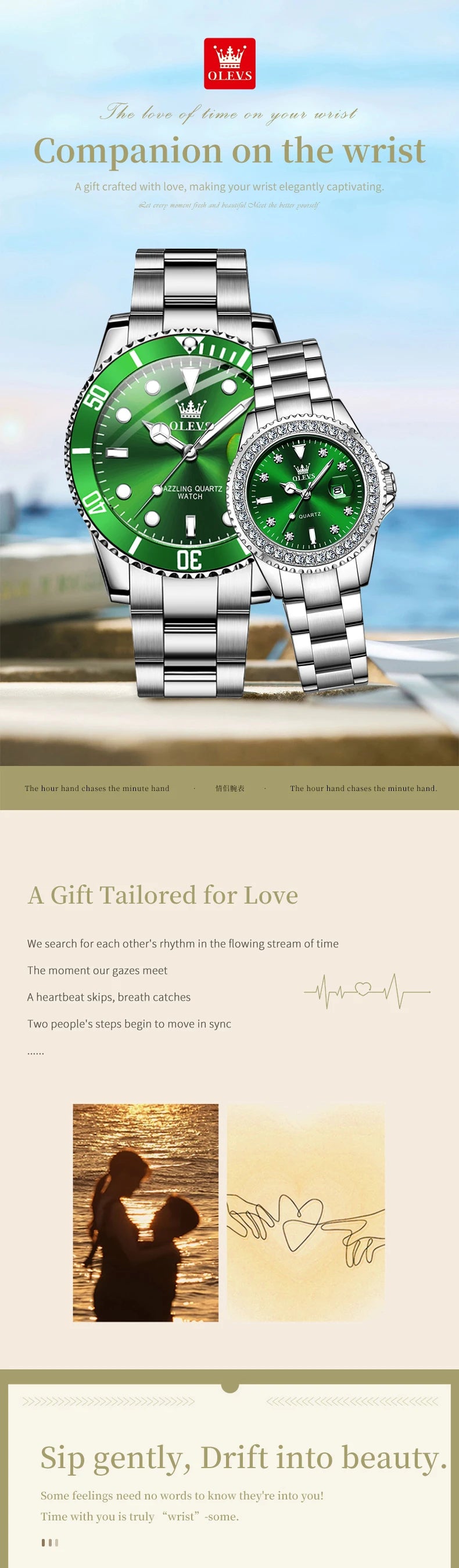 OLEVS Top Brand Couple Watches Trend Luxury Fine Steel Original Quartz Wristwatch for Lover Exquisite Gift Box Waterproof 2Pcs