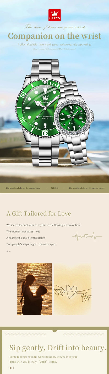 OLEVS Top Brand Couple Watches Trend Luxury Fine Steel Original Quartz Wristwatch for Lover Exquisite Gift Box Waterproof 2Pcs
