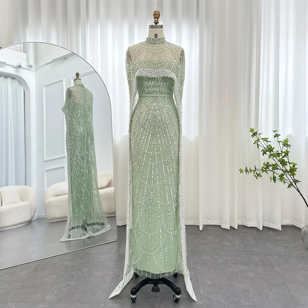 Sharon Said Luxury Pearls Dubai Champagne Evening Dresses with Cape New Arabic Women Mermaid Wedding Party Prom Dress SS369