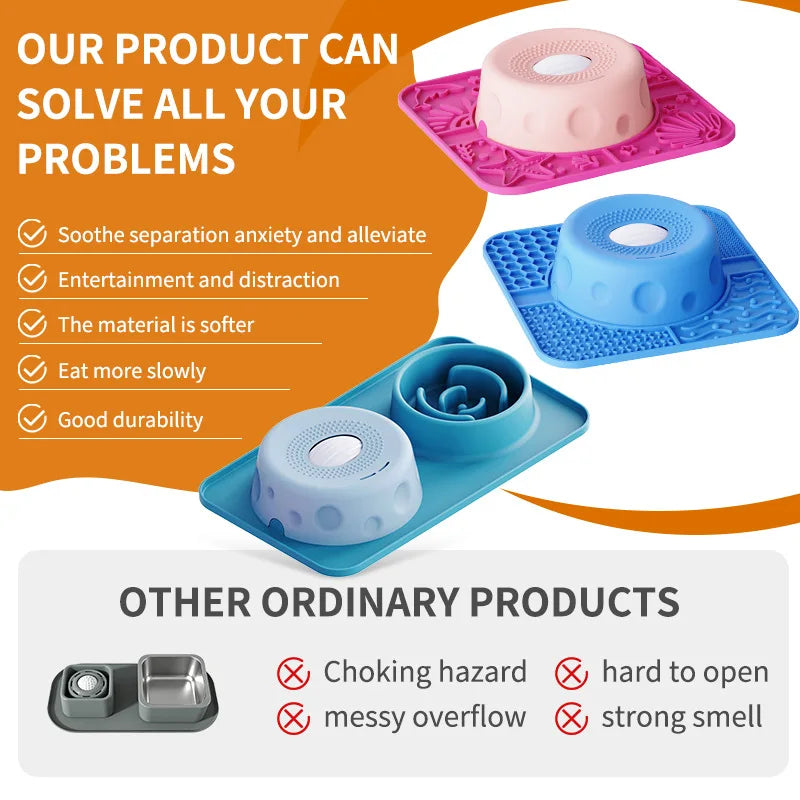 New Double-bowl Pet Licks-and-eats Bowls with Fun Rollers At The Bottom and Suction Cups. for Dogs and Cats. Licking Pads.