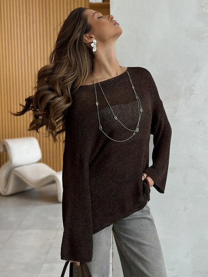 Bornladies Simple Solid Color Long Sleeved Sweater Women's Spring Knitted Hollow Top Loose Versatile Casual Sweater Pullovers