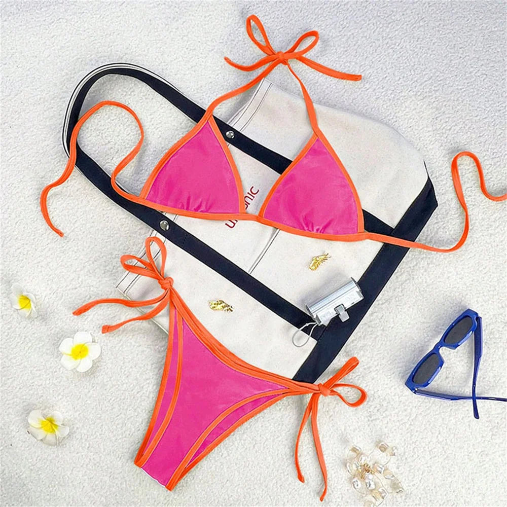 Vintage Blue Bikinis Set Triangle Border String Swimsuit Push Up Swimwear Backless Extrem Bikini Women Beach Outfit Bathing Suit