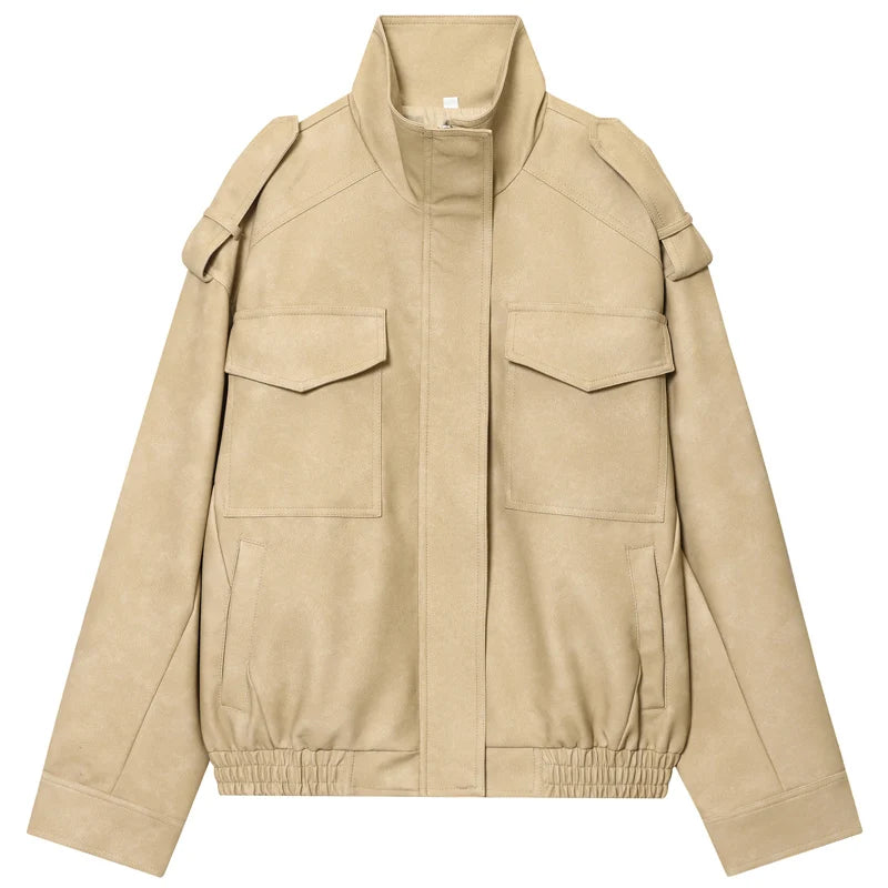 HXAO New Arrival Suede Jacket Women's Jackets Autumn Darkgrey Khaki Bomber Jacket Chic Zip Up Long Sleeve Coat Fashion Outerwear