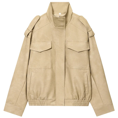 HXAO New Arrival Suede Jacket Women's Jackets Autumn Darkgrey Khaki Bomber Jacket Chic Zip Up Long Sleeve Coat Fashion Outerwear