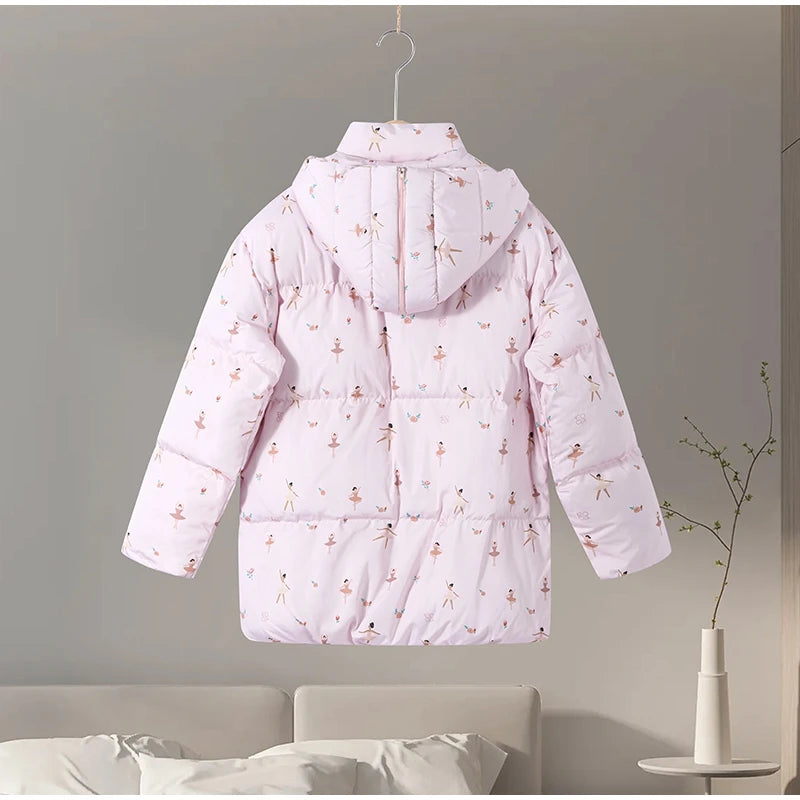 Printed Hooded Puffy Cotton Jacket Women Stand Collar Long Sleeve Zipper Loose Padded Coats 2025 Winter Lady Warm Outwear Street
