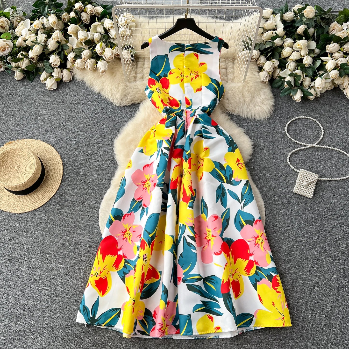 French Elegant Floral Dress Women Retro Round Neck Sleeveless Print Party Dresses Summer Slim A-line Vintage Long Robe Vestidos