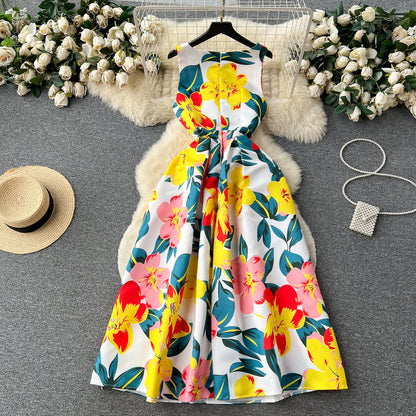 French Elegant Floral Dress Women Retro Round Neck Sleeveless Print Party Dresses Summer Slim A-line Vintage Long Robe Vestidos