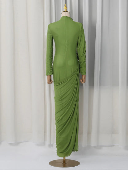 VGH Elegant Vintage Spliced Ribbon Dresses for Women Turtleneck Long Sleeve Irregular Folds Evening Luxurious Maxi Dress Female