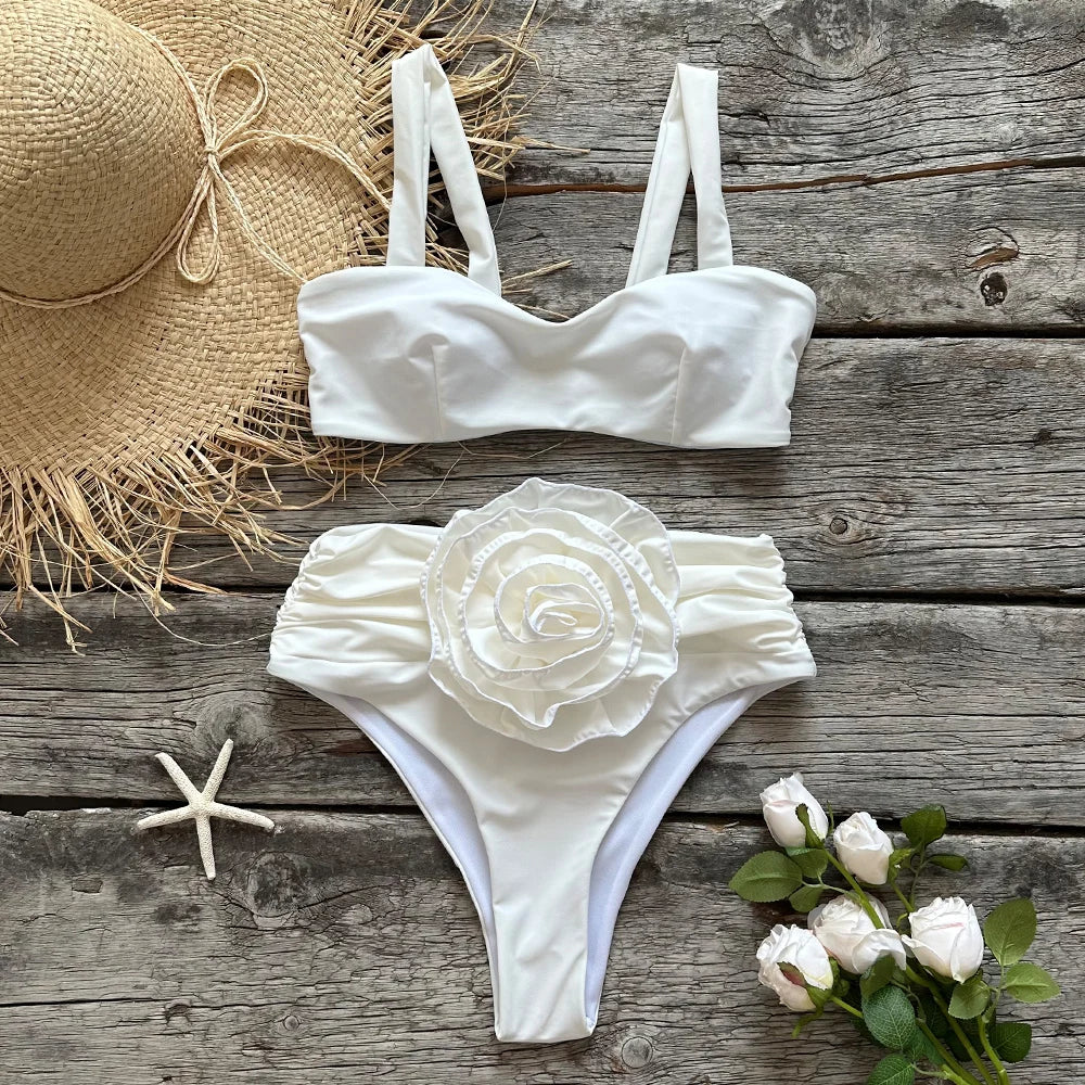 Two-Pieces Women Floral Lace Up 2023 Push-Up Padded Bra White Bikini Set Swimsuit Swimwear Bathing Suit Beachwear Biquini