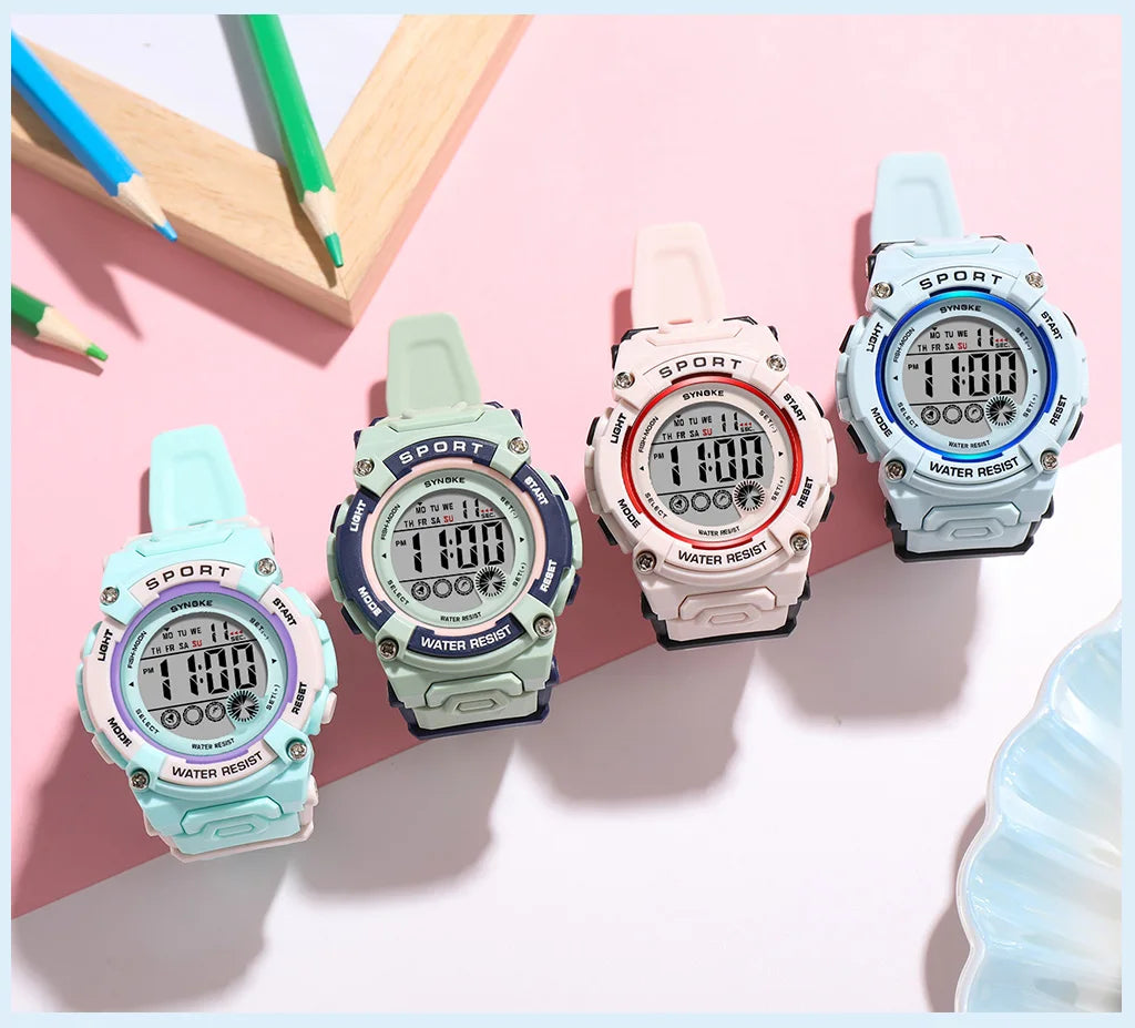 Synoke Shockproof Digital Sport's Watches Fashion PU Strap 50M Waterproof Colorful Light Led Chronograph Women's Wristwatch