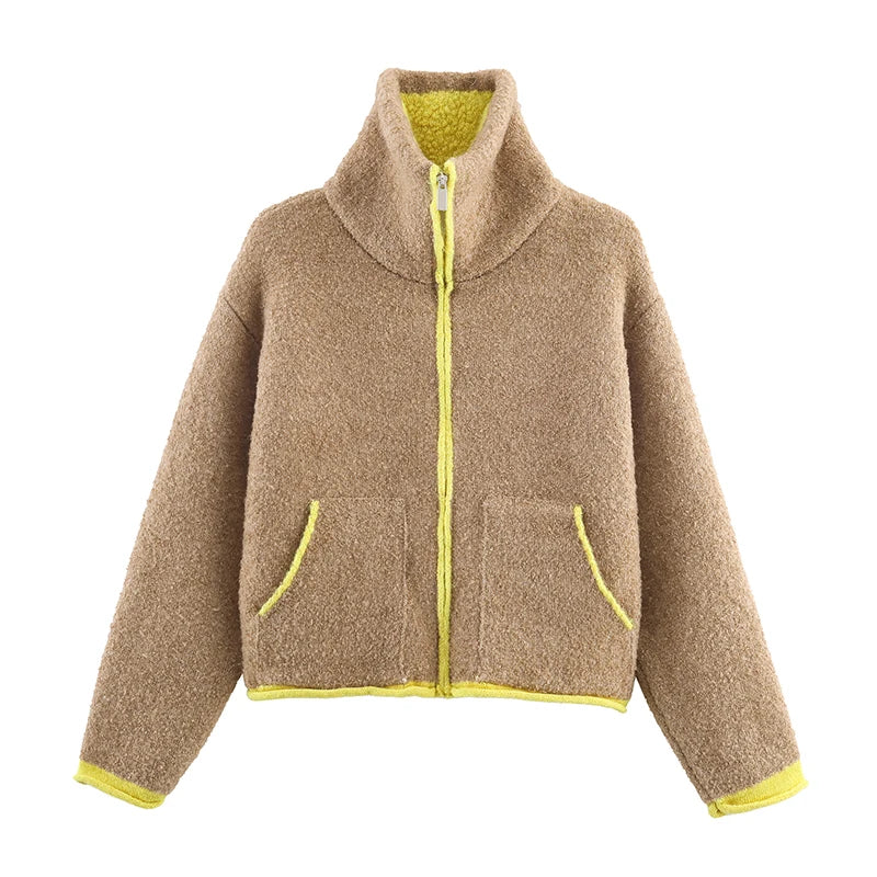Fashion Contrasting Knitted Cardigan for Women Elegant Long Sleeve Pockets Zipper Sweater 2026 Spring Street Lady Chic Outwear