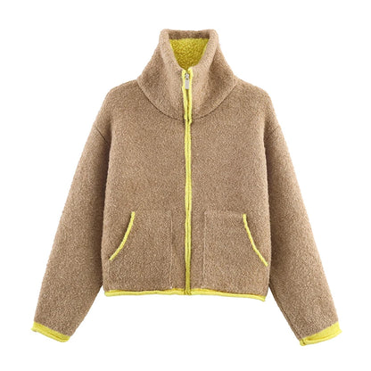 Fashion Contrasting Knitted Cardigan for Women Elegant Long Sleeve Pockets Zipper Sweater 2026 Spring Street Lady Chic Outwear