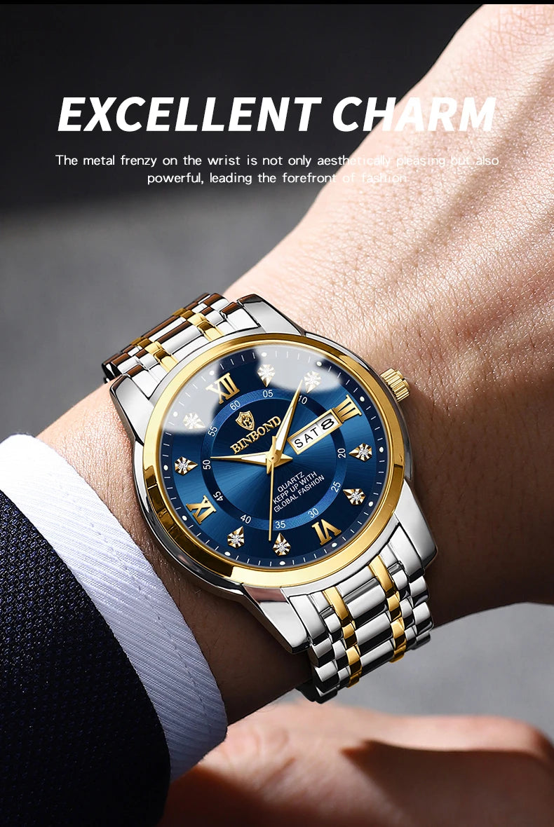 BINBOND Luxury quartz wristwatches luminous waterproof week auto date men's watch business sport clock fashion casual reloj